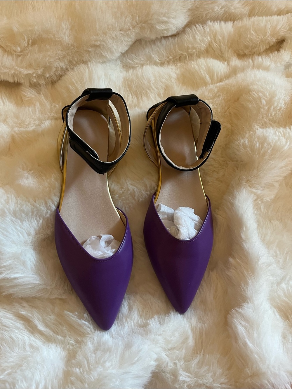 Pointed Toe Ankle Strap Flats in Purple and Black